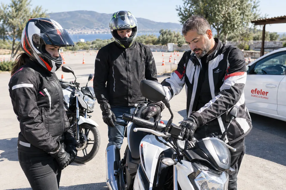 Motosikletin kumandalarını inceleyen adaylar